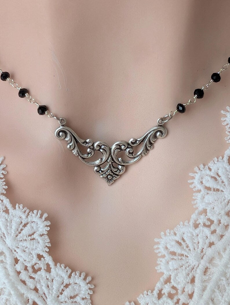 Silver Filigree Choker Necklace | Black Beaded Rosary Gothic Jewelry