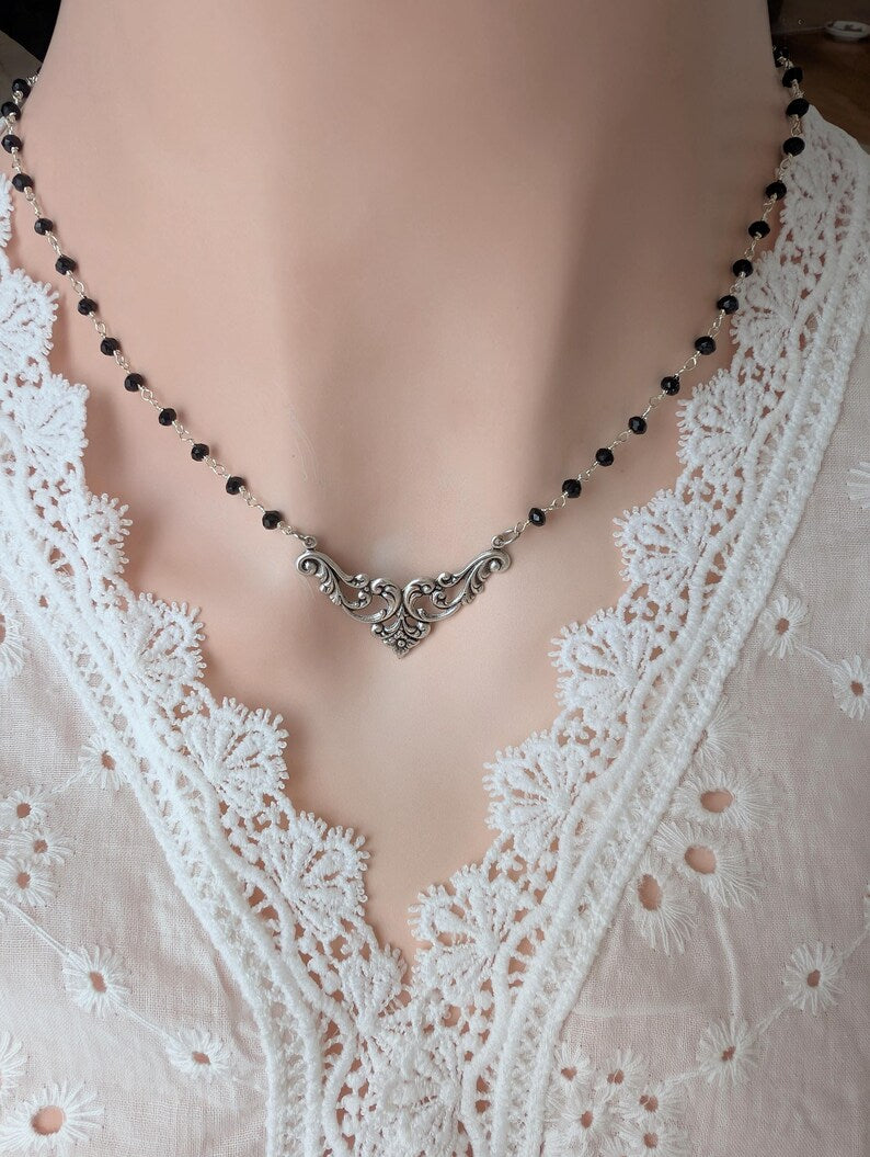 Silver Filigree Choker Necklace | Black Beaded Rosary Gothic Jewelry