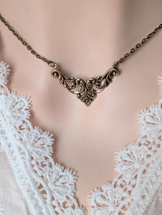 Antiqued Brass Filigree Choker Necklace, Vintage Handmade Jewelry