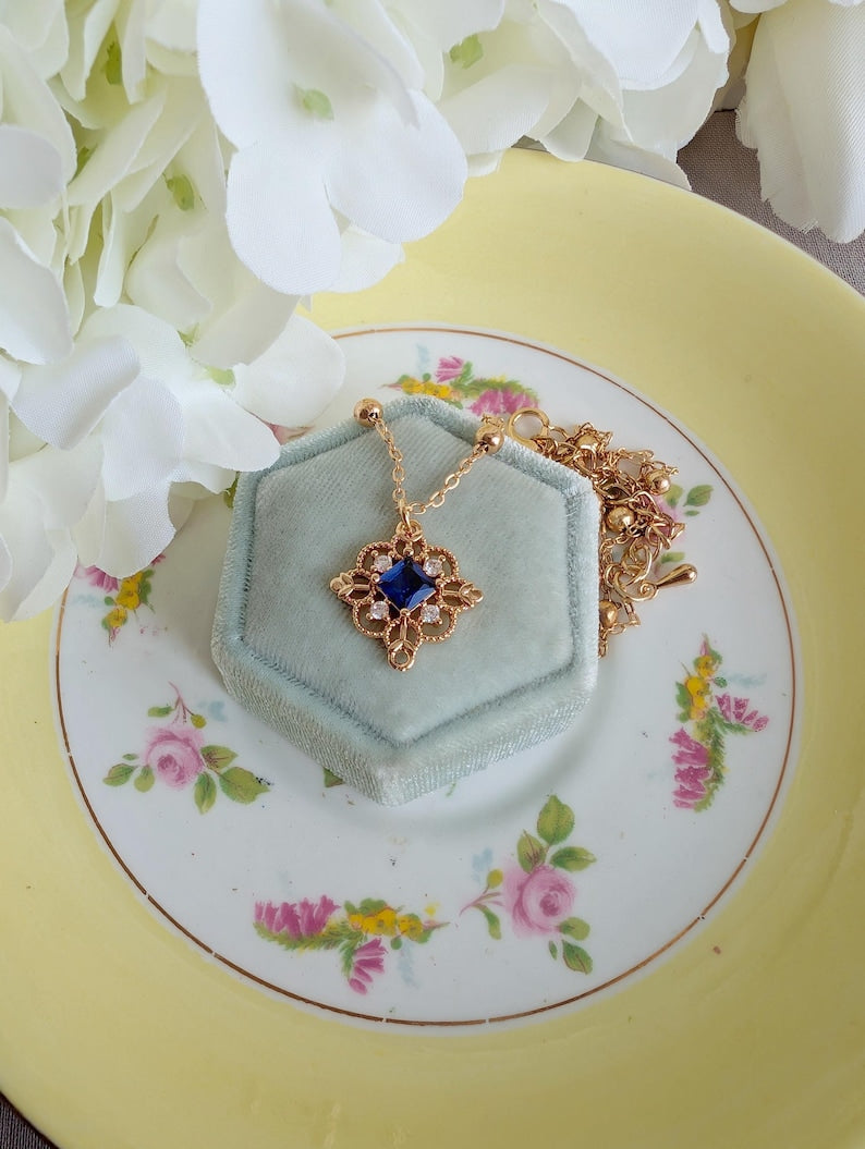 Gold Plated Filigree Necklace, Vintage Style Cubic Zirconia Pendant