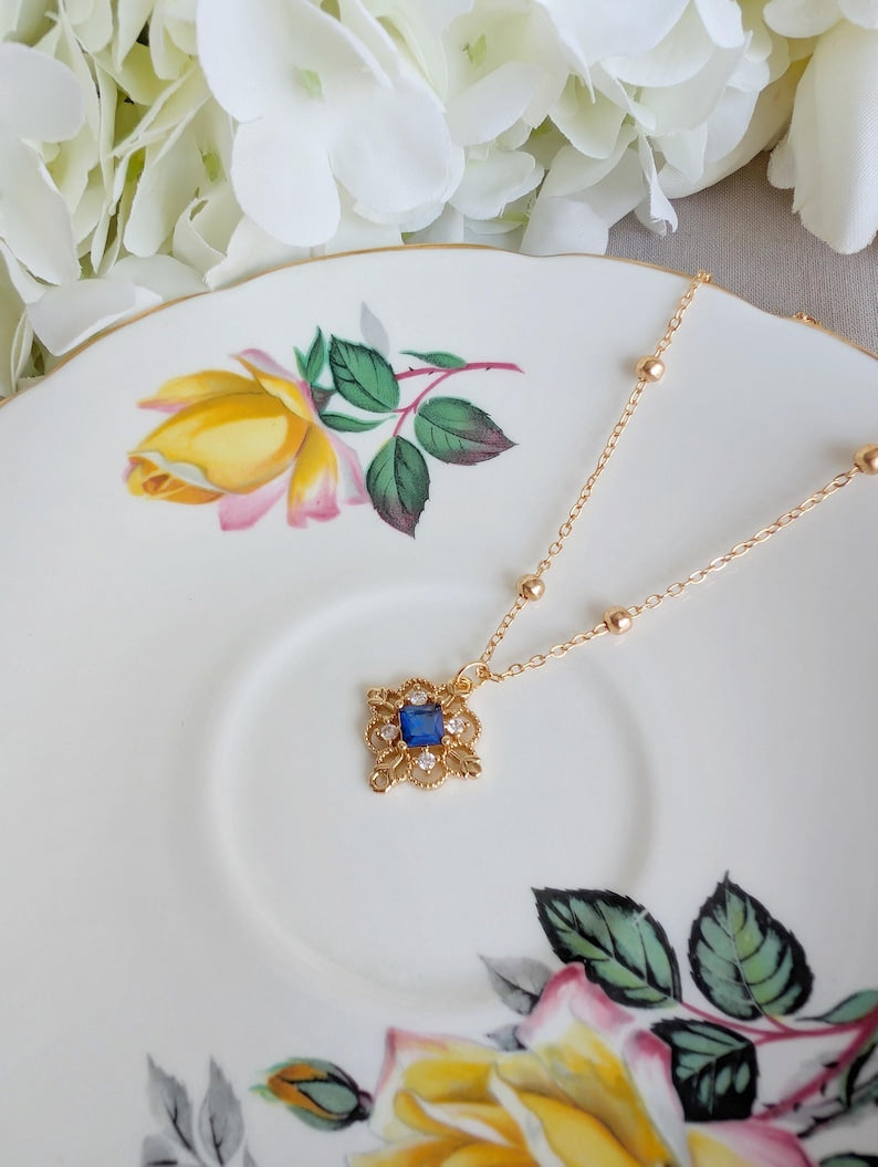 Gold Plated Filigree Necklace, Vintage Style Cubic Zirconia Pendant