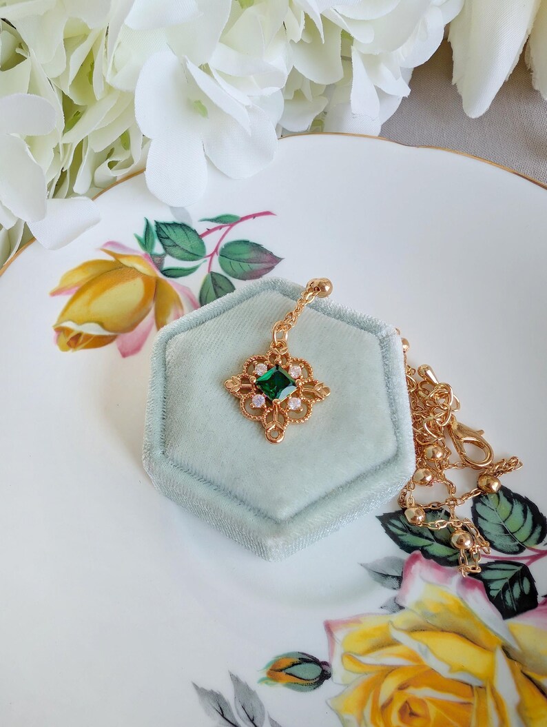 Gold Plated Filigree Necklace, Vintage Style Cubic Zirconia Pendant