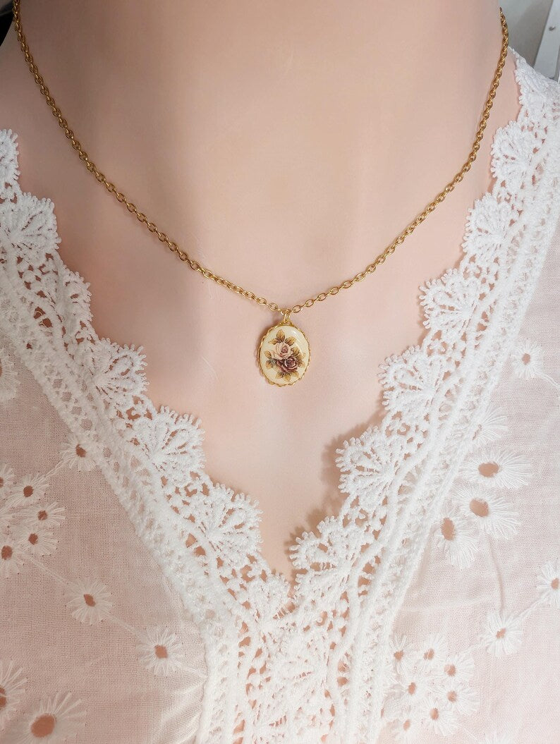 Vintage Rose Necklace, Pink and Gold Cameo Pendant, Floral Jewelry