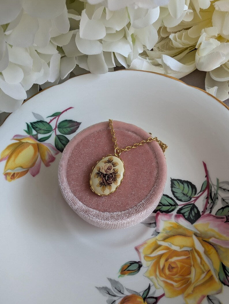 Vintage Rose Necklace, Pink and Gold Cameo Pendant, Floral Jewelry