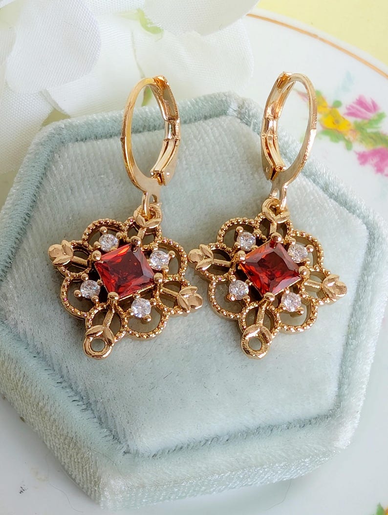 Gold Plated Filigree Dangle Earrings with Red, Green or Blue CZ Stones