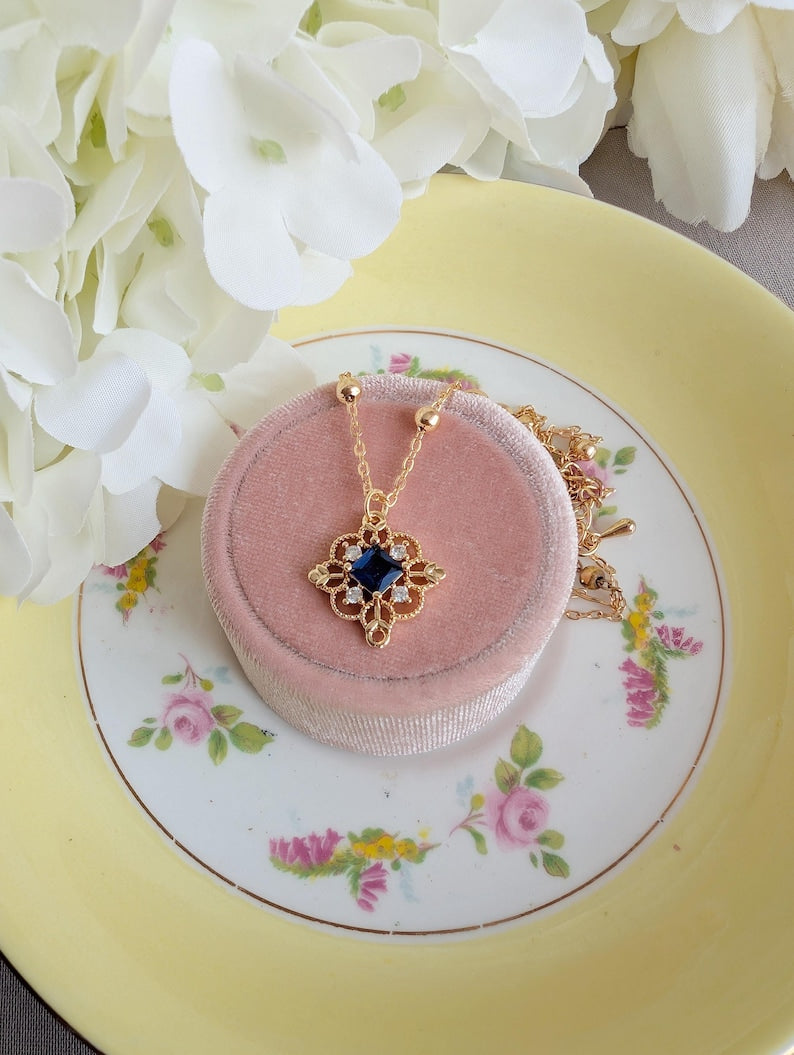 Gold Plated Filigree Necklace, Vintage Style Cubic Zirconia Pendant