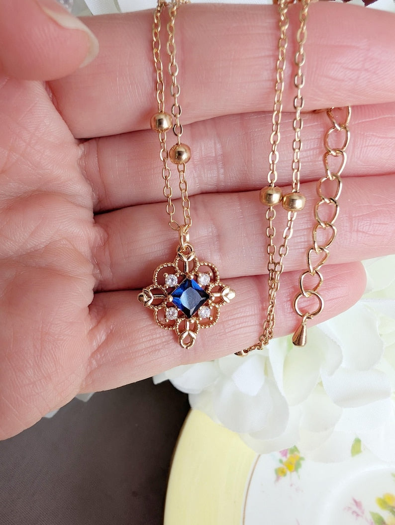 Gold Plated Filigree Necklace, Vintage Style Cubic Zirconia Pendant