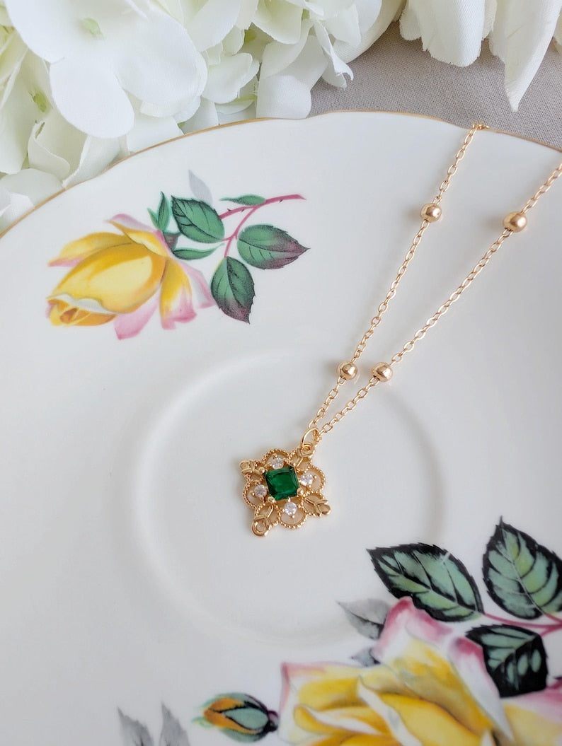 Gold Plated Filigree Necklace, Vintage Style Cubic Zirconia Pendant