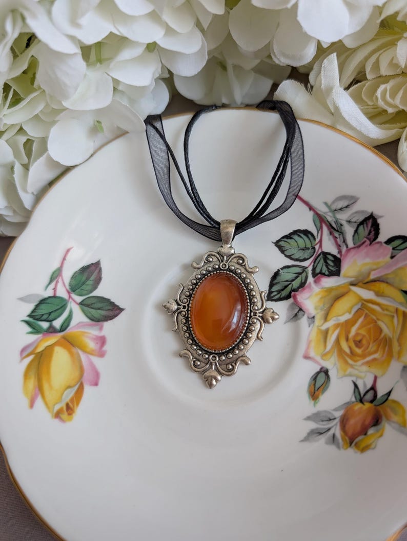 Carnelian Choker Necklace, Silver Gothic Pendant, Black Organza Ribbon