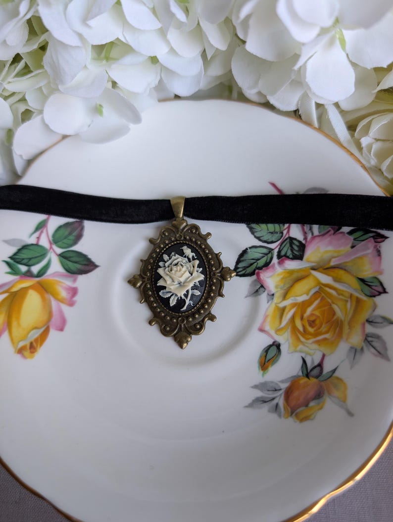 Victorian Rose Cameo Choker Necklace, Black Velvet Gothic Pendant