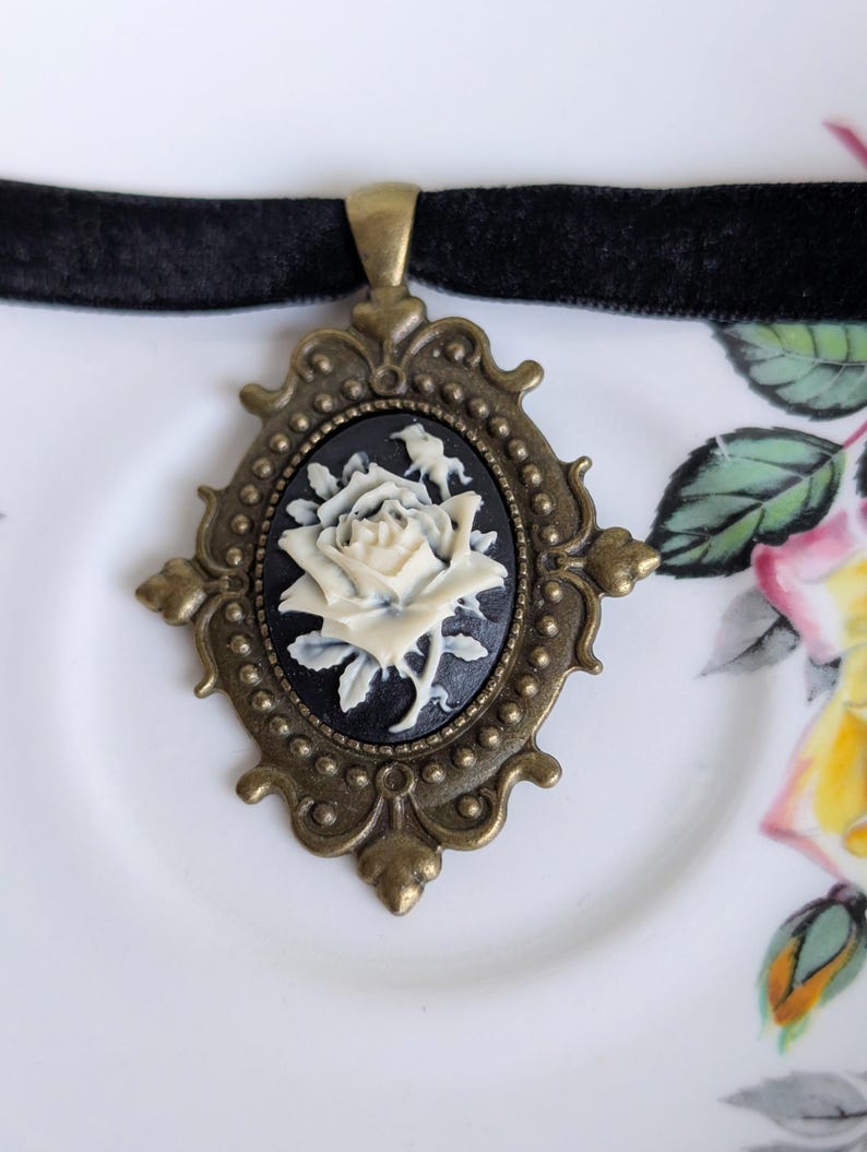 Victorian Rose Cameo Choker Necklace, Black Velvet Gothic Pendant