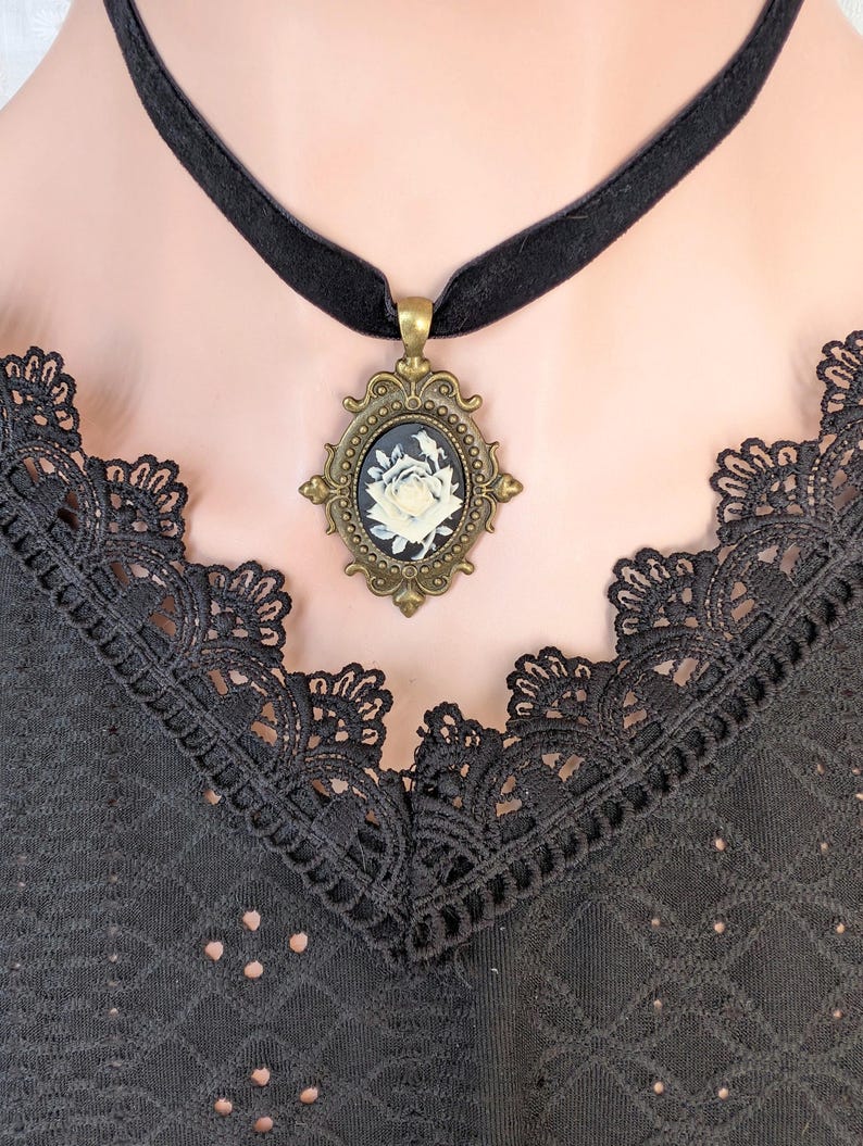 Victorian Rose Cameo Choker Necklace, Black Velvet Gothic Pendant