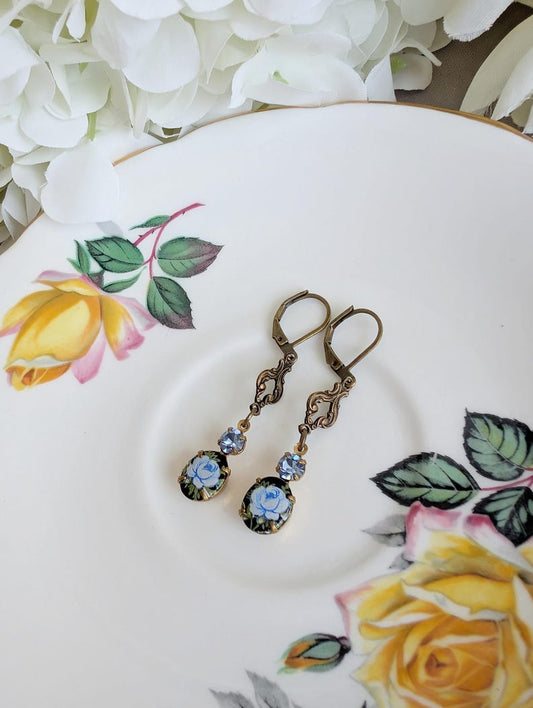 Blue Flower Limoges Earrings – Vintage Brass & Austrian Crystal Dangles