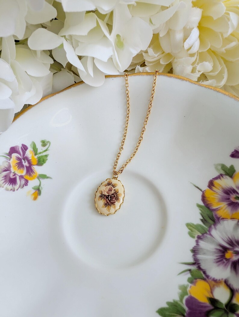 Vintage Rose Necklace, Pink and Gold Cameo Pendant, Floral Jewelry