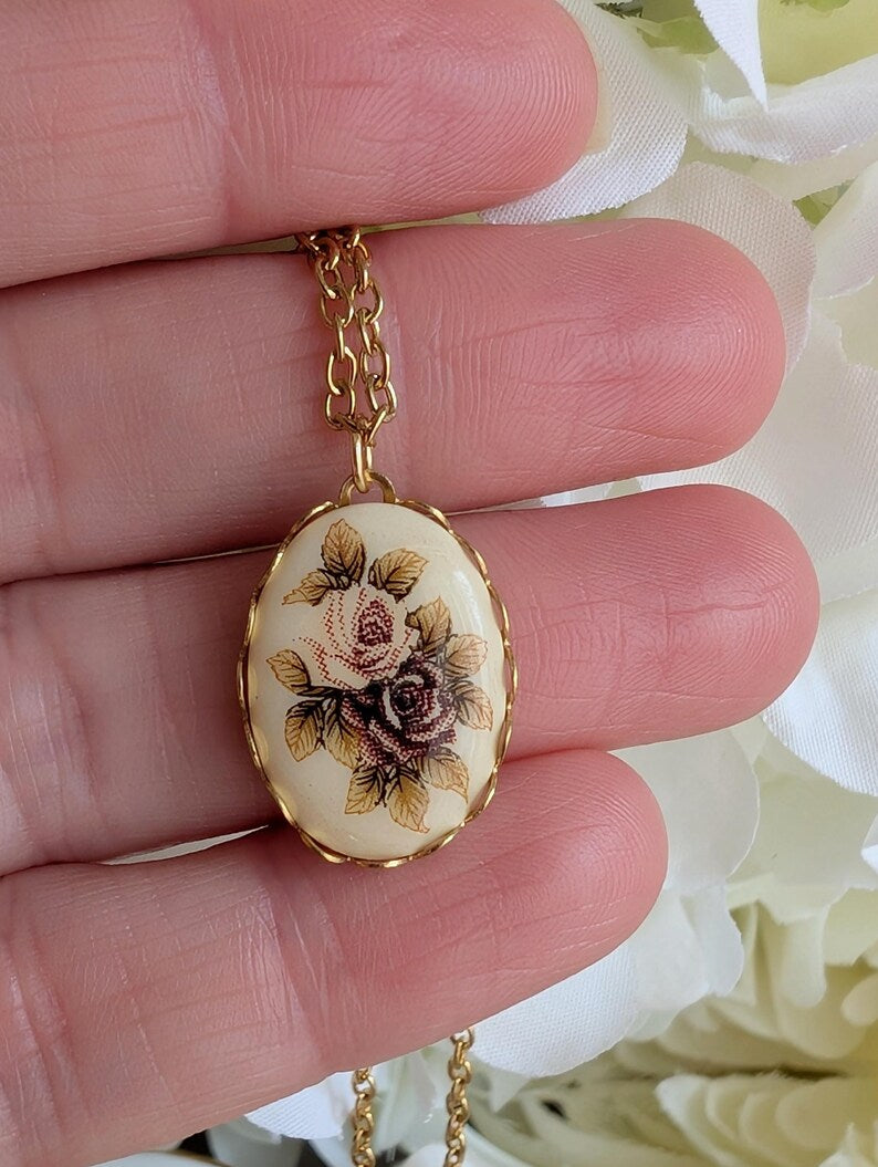 Vintage Rose Necklace, Pink and Gold Cameo Pendant, Floral Jewelry
