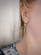 Close-up of an ivory on black cameo earring with gold Fleur de Lis connector and cognac Austrian crystals worn by a person.
