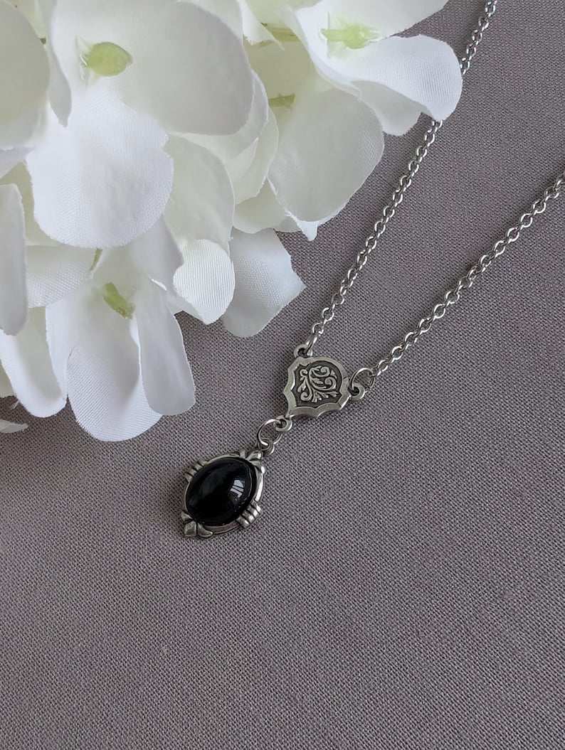 Art Deco Onyx Necklace | Vintage Gothic Black Stone Pendant, Handmade