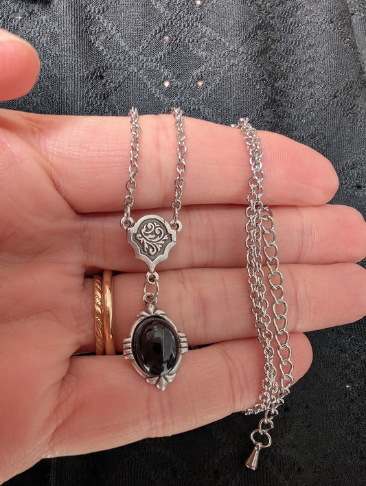 Collier Art Déco Onyx | Pendentif Vintage Gothique Pierre Noire, Fait Main