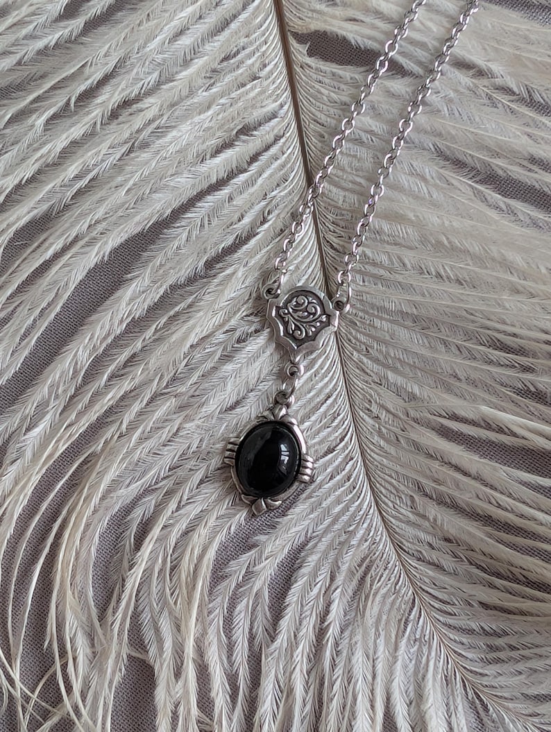 Onyx Necklace | Antiqued Brass Pendant, Vintage Gothic Jewelry