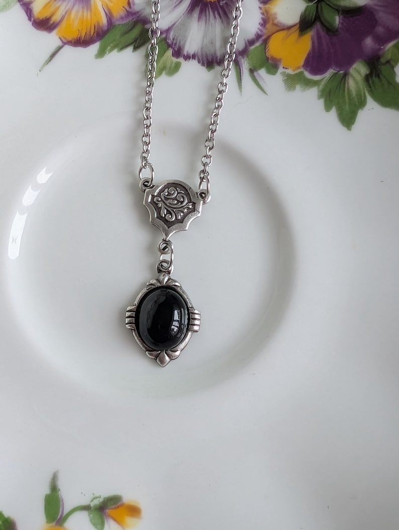 Art Deco Onyx Necklace | Vintage Gothic Black Stone Pendant, Handmade