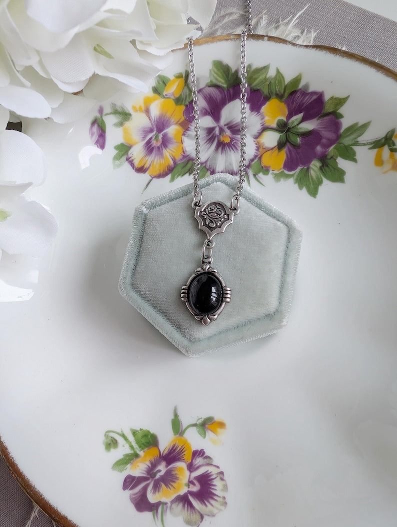 Art Deco Onyx Necklace | Vintage Gothic Black Stone Pendant, Handmade