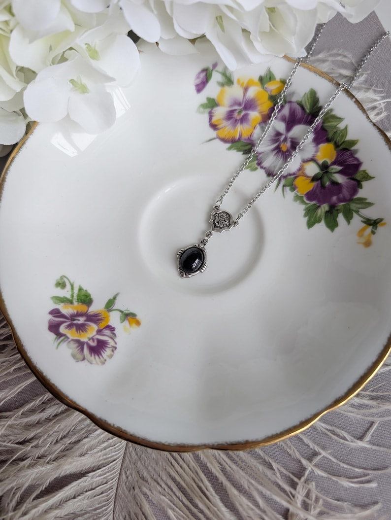 Onyx Necklace | Antiqued Brass Pendant, Vintage Gothic Jewelry