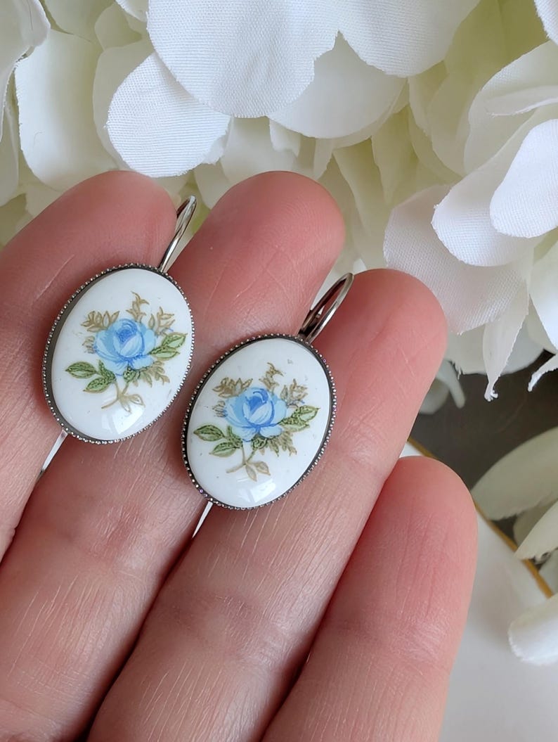 Handmade Limoges Blue Rose Earrings | Vintage Floral Gift for Her