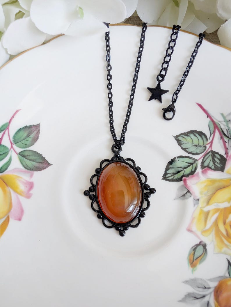 Oval Carnelian Necklace, Gothic Lacy Pendant, Handmade Jewelry