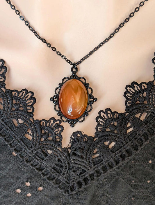 Oval Carnelian Necklace, Gothic Lacy Pendant, Handmade Jewelry