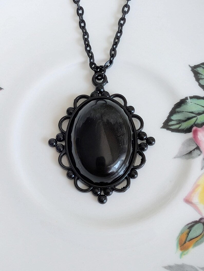 Oval Obsidian Necklace, Gothic Lacy Pendant, Handmade Jewelry