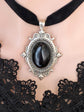 Gothic Black Obsidian Choker – Silver Vintage Pendant, Velvet Ribbon
