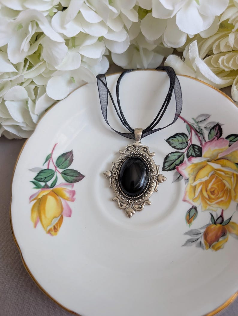 Carnelian Choker Necklace, Silver Gothic Pendant, Black Organza Ribbon