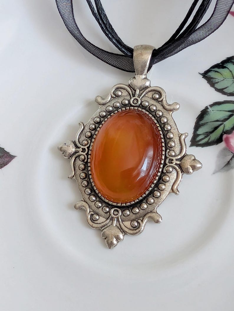 Carnelian Choker Necklace, Silver Gothic Pendant, Black Organza Ribbon