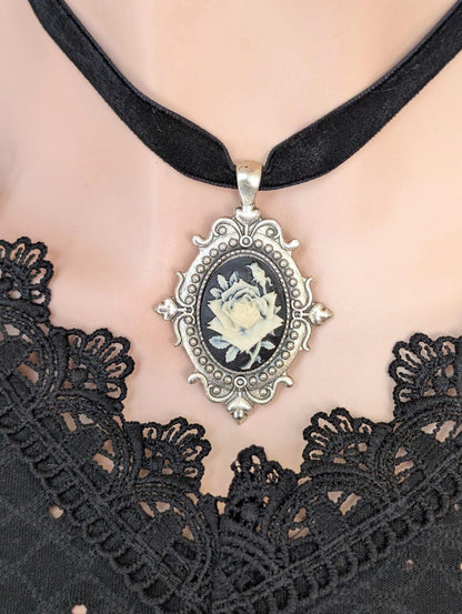 Victorian Rose Cameo Choker Necklace, Black Velvet Gothic Pendant