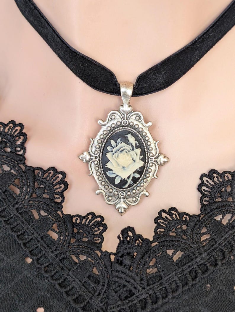 Victorian Rose Cameo Choker Necklace, Black Velvet Gothic Pendant