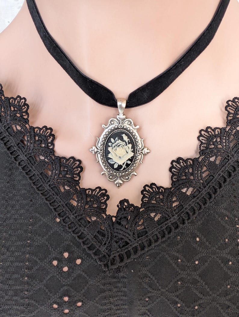 Victorian Rose Cameo Choker Necklace, Black Velvet Gothic Pendant