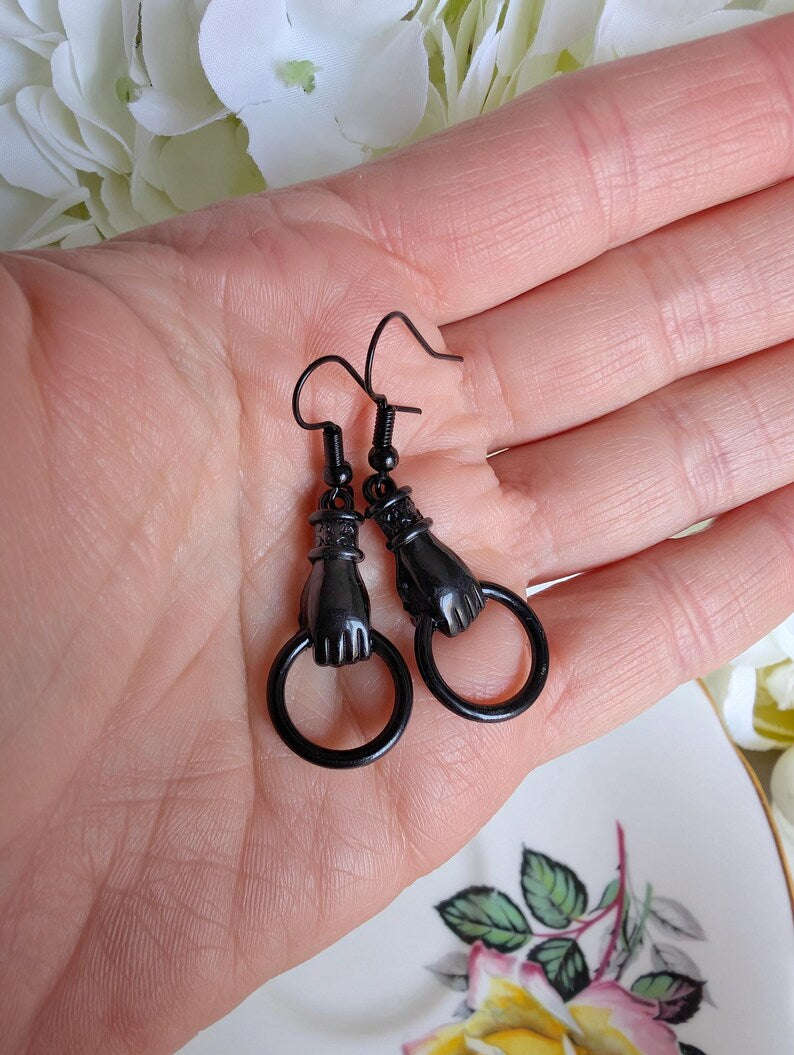 Black Victorian Hand Earrings, Gothic Vintage Inspired Jewelry