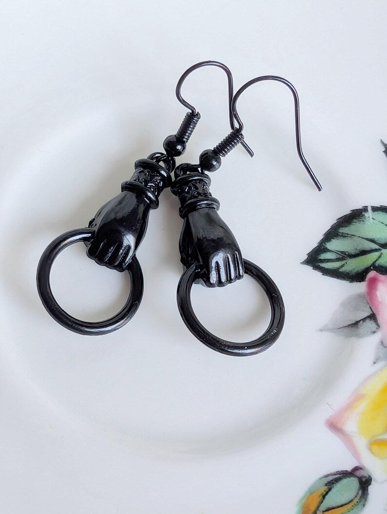 Black Victorian Hand Earrings, Gothic Vintage Inspired Jewelry