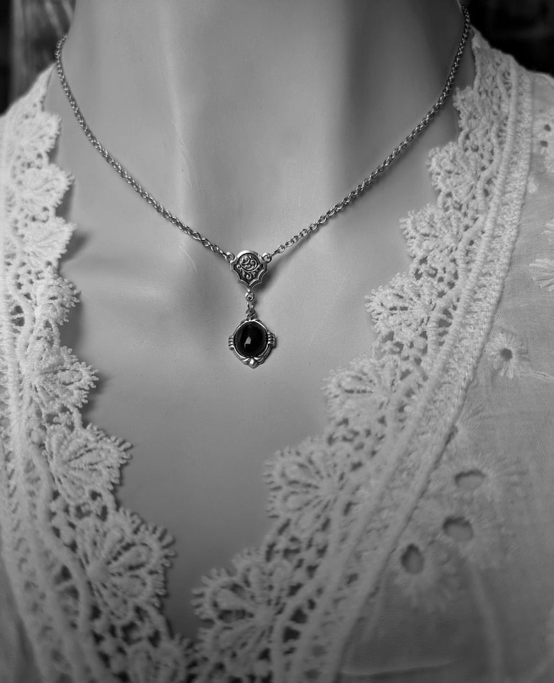 Art Deco Onyx Necklace | Vintage Gothic Black Stone Pendant, Handmade