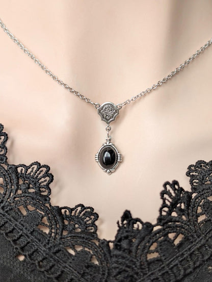 Collier Art Déco Onyx | Pendentif Vintage Gothique Pierre Noire, Fait Main