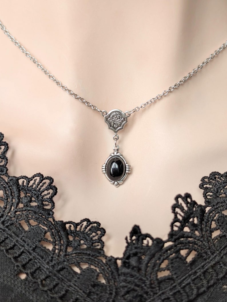 Onyx Necklace | Antiqued Brass Pendant, Vintage Gothic Jewelry