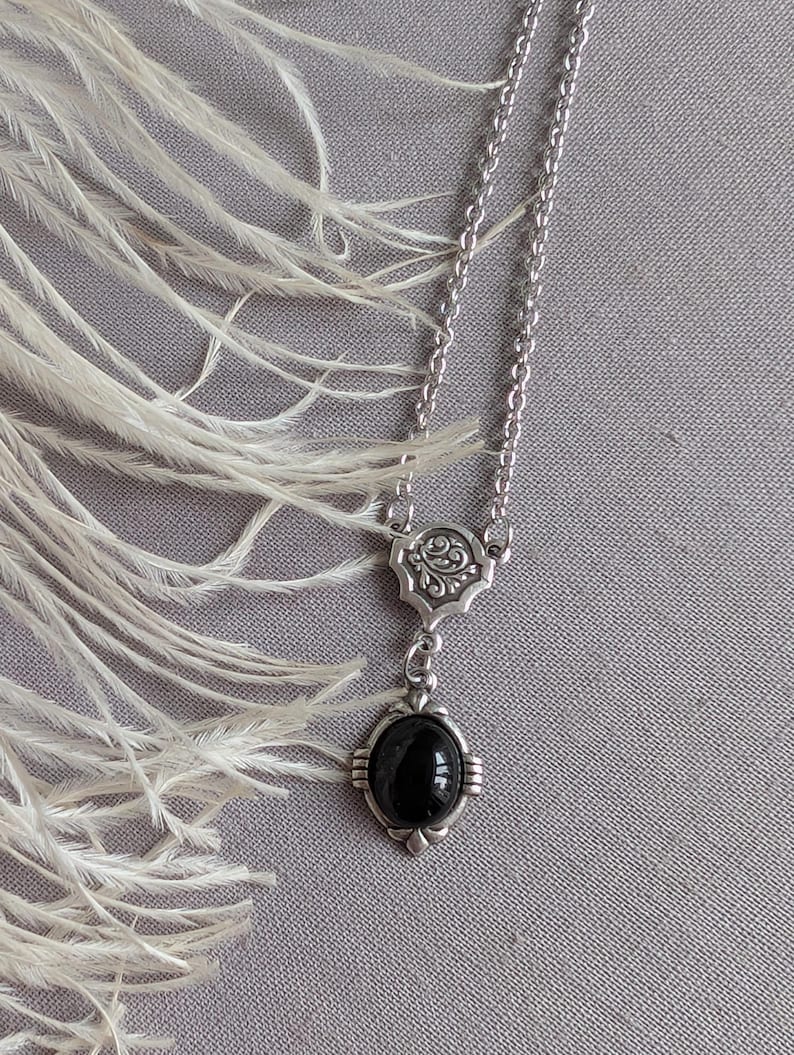 Art Deco Onyx Necklace | Vintage Gothic Black Stone Pendant, Handmade