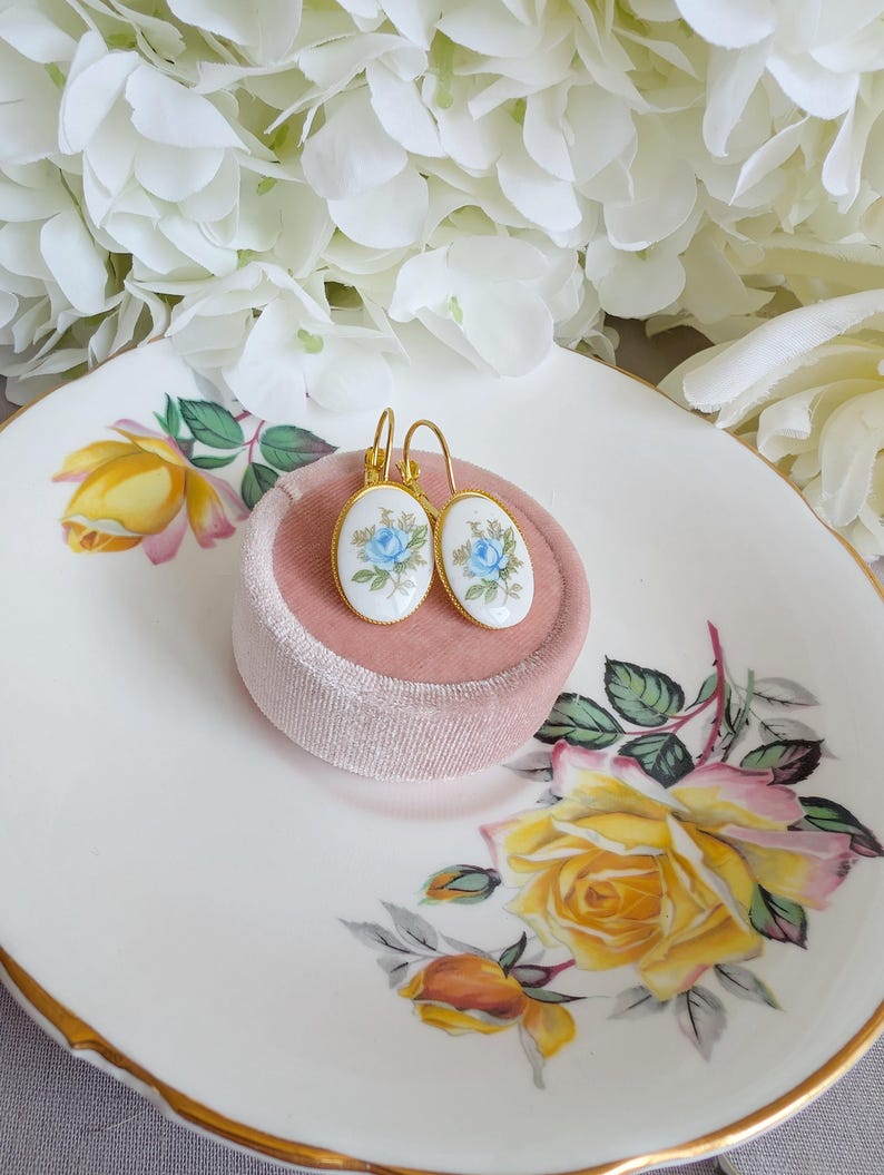 Handmade Limoges Blue Rose Earrings | Vintage Floral Gift for Her