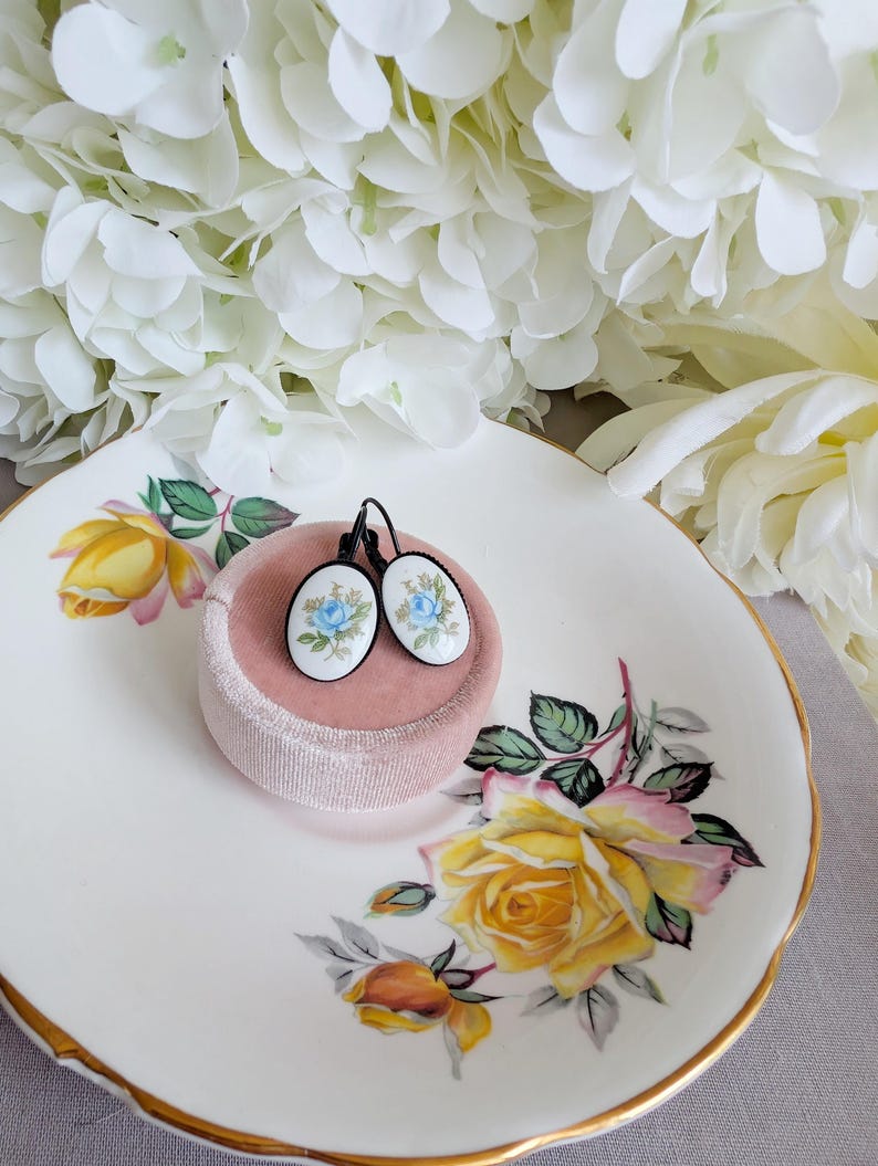 Handmade Limoges Blue Rose Earrings | Vintage Floral Gift for Her