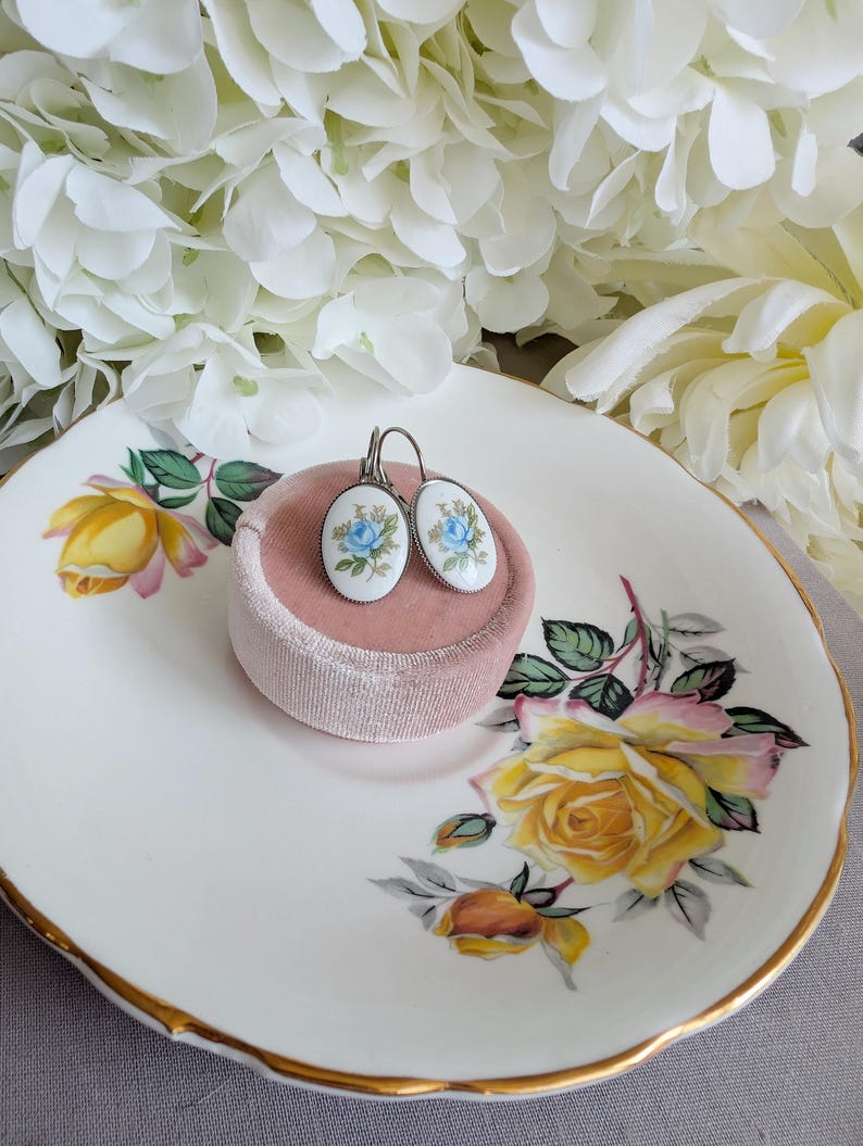 Handmade Limoges Blue Rose Earrings | Vintage Floral Gift for Her
