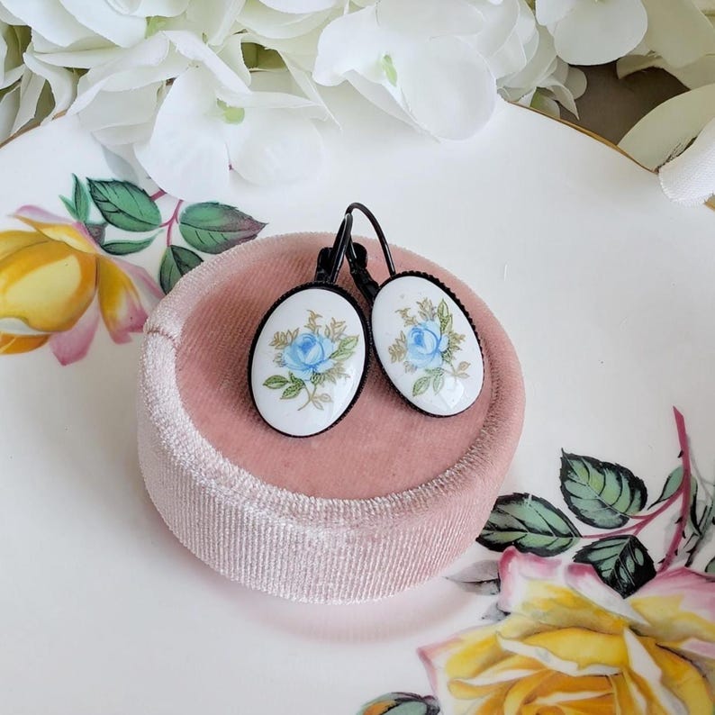 Handmade Limoges Blue Rose Earrings | Vintage Floral Gift for Her