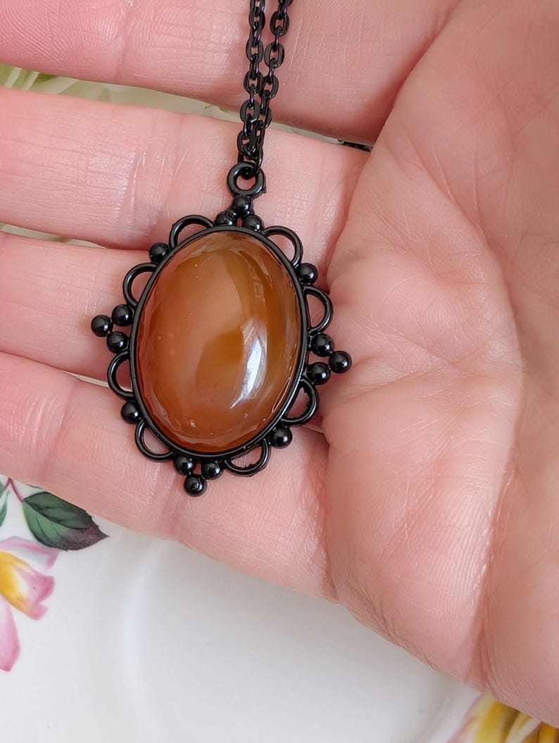Oval Carnelian Necklace, Gothic Lacy Pendant, Handmade Jewelry