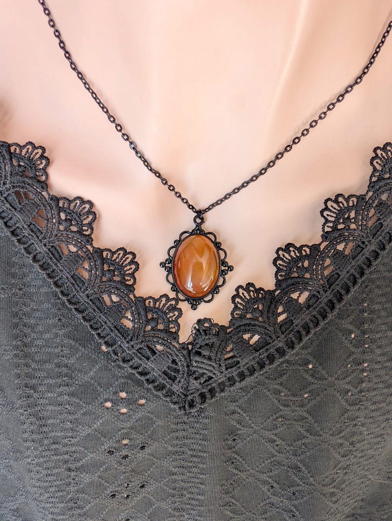 Oval Carnelian Necklace, Gothic Lacy Pendant, Handmade Jewelry