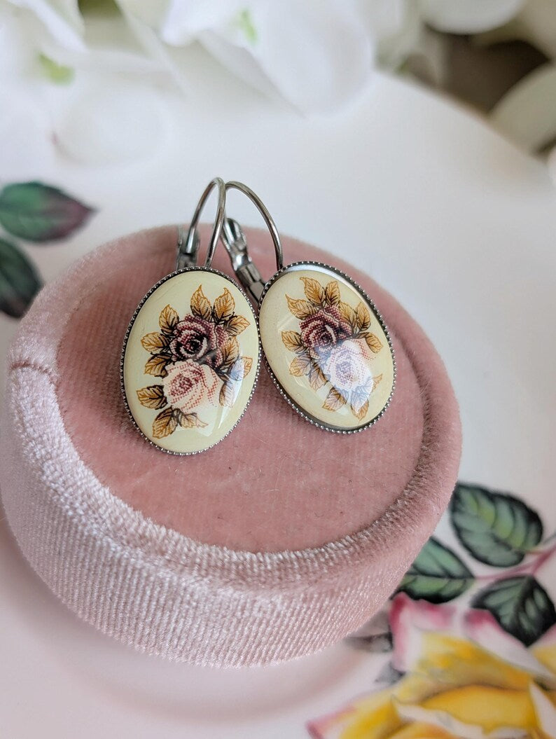 Vintage Rose Earrings, Pink Floral Lever Backs in Brass, Silver or Matte Black