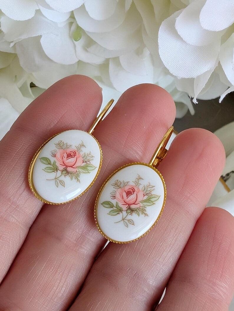 Handmade Pink Rose Earrings | Vintage Limoges-Inspired Floral Jewelry